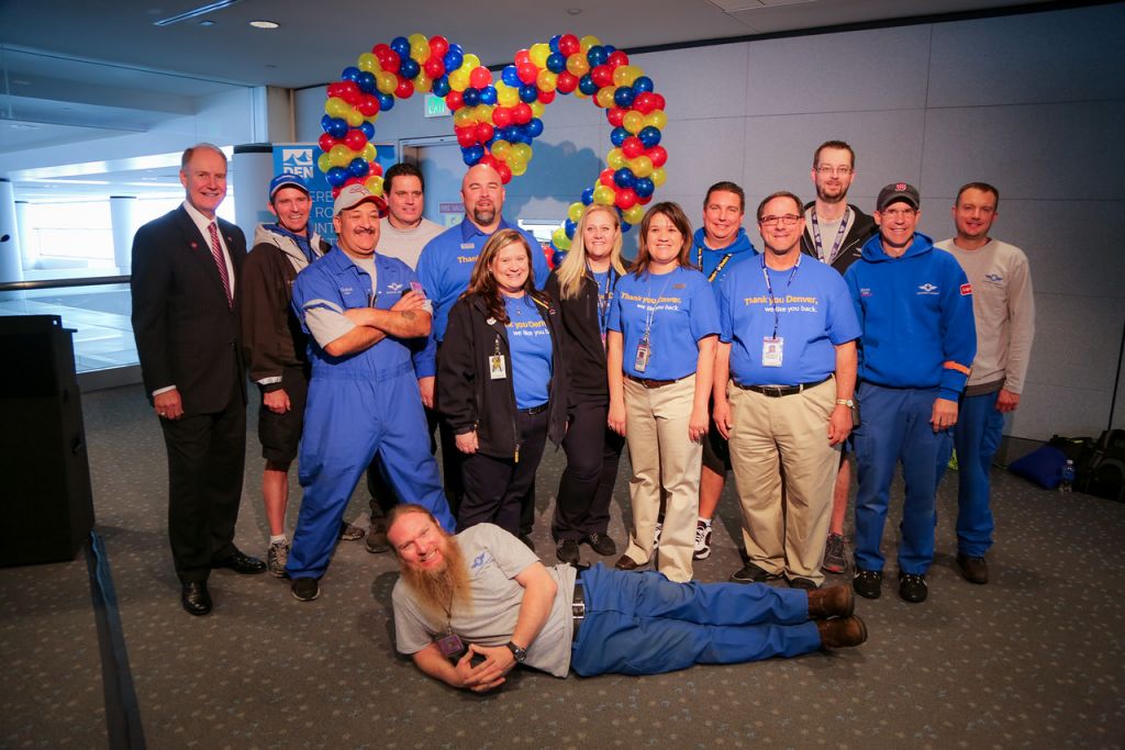 A group of Denver original Employees with Southwest Airlines CEO, Gary Kelly. Photograph provided courtesy of Denver International Airport.