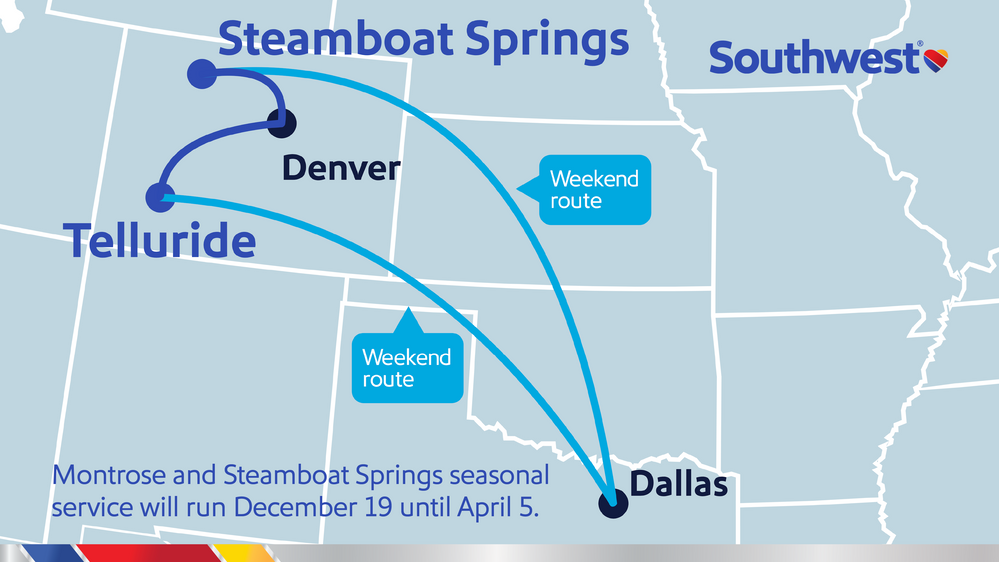 Southwest Airlines announces new service to Montrose (Telluride), CO. Flights to Montrose, as well as previously announced service to Steamboat Springs (Hayden), CO, beginning Dec. 19, 2020