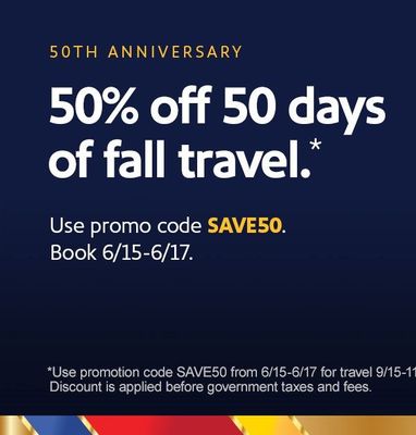 50% Off Base Fares! Southwest Airlines’ Big Offer Honors 50th Anniversary of First Flight