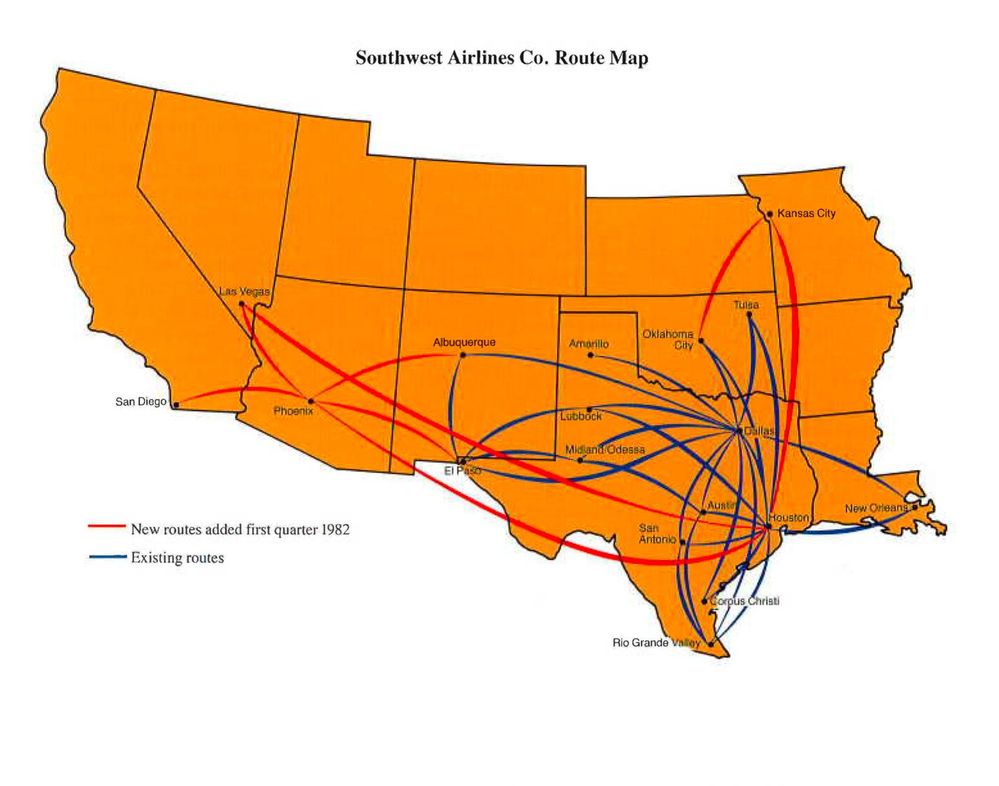 1982 Southwest Airlines Route Map