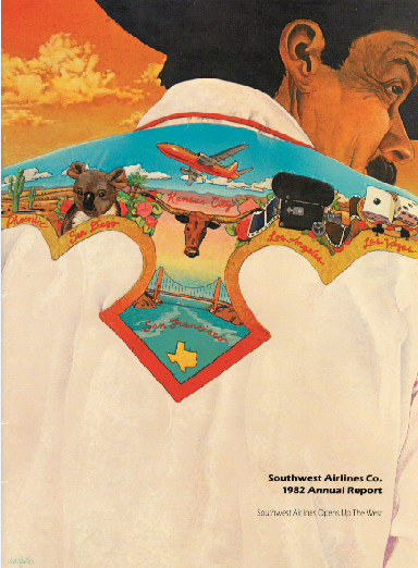 An artistic rendering of the Southwest Airlines expansion as seen on the cover of the 1982 Annual Report