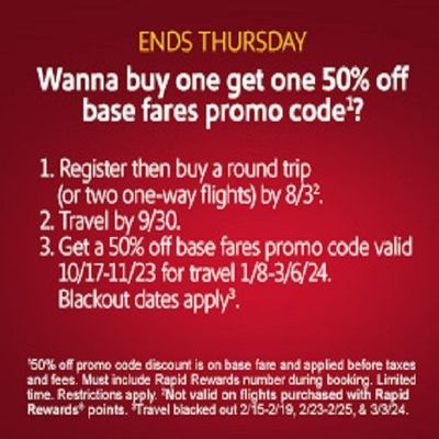 First Time Ever, Southwest Launches A Buy One, Get One 50% Off Base Fares Promotional Offer