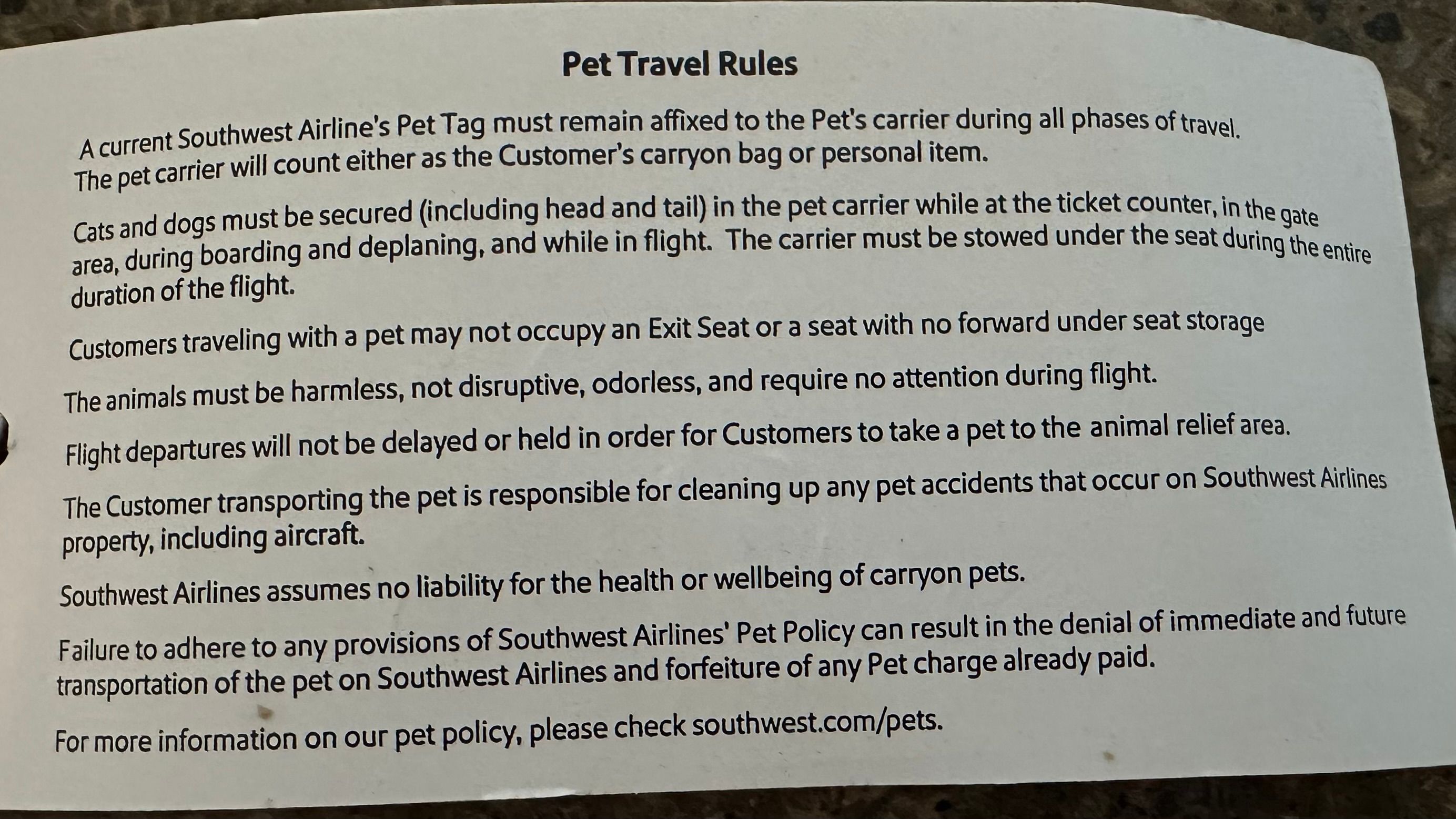 Southwest cost to hot sale fly a dog