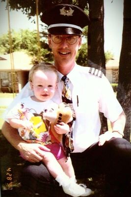 Mackenzie Odom and her dad before his first trip as a SWA First Officer with TJ LUV stuffed airplane