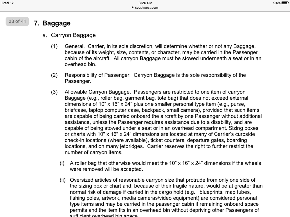 southwest luggage dimensions