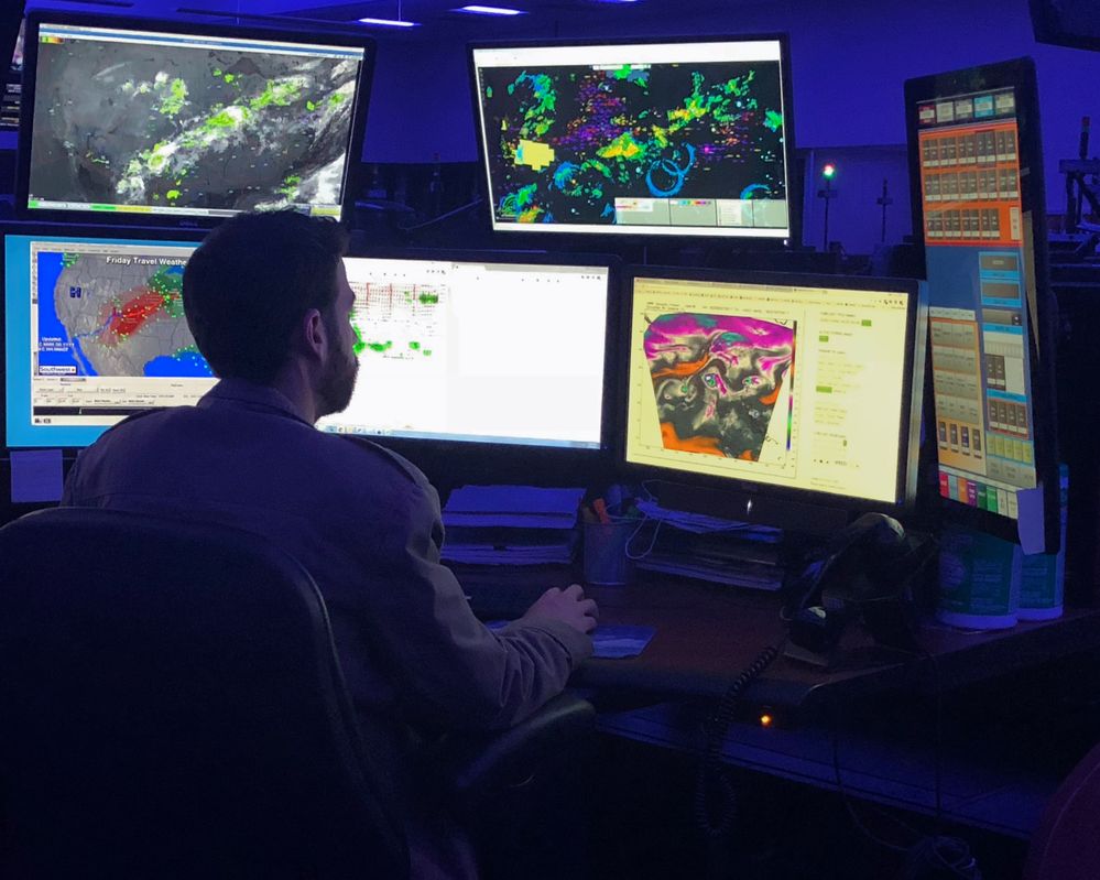 Our meteorologists work on the bridge in the NOC, and utilize up to seven computer monitors to analyze weather data, build graphics, and collaborate with each other as well as other forecasters in the National Weather Service.