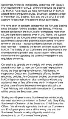 Southwest Statement on grounding of MAX8 aircraft