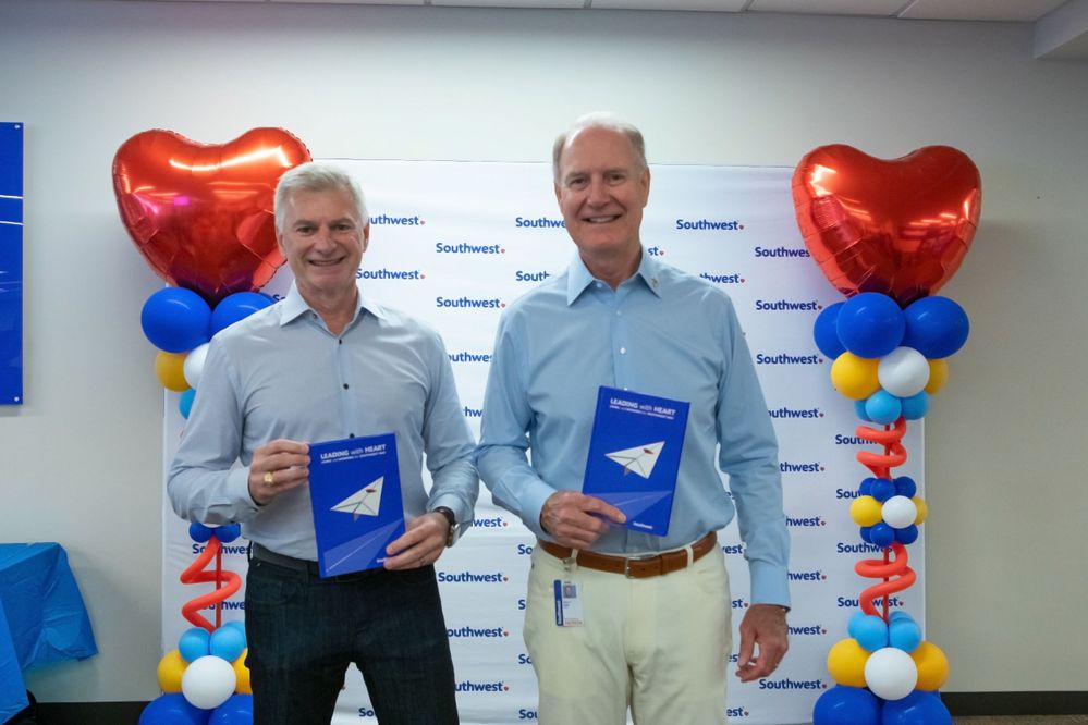 Chief Executive Officer Bob Jordan and Executive Chairman of the Board and former Chief Executive Officer Gary Kelly proudly display “Leading with Heart” at Southwest’s Corporate Campus.