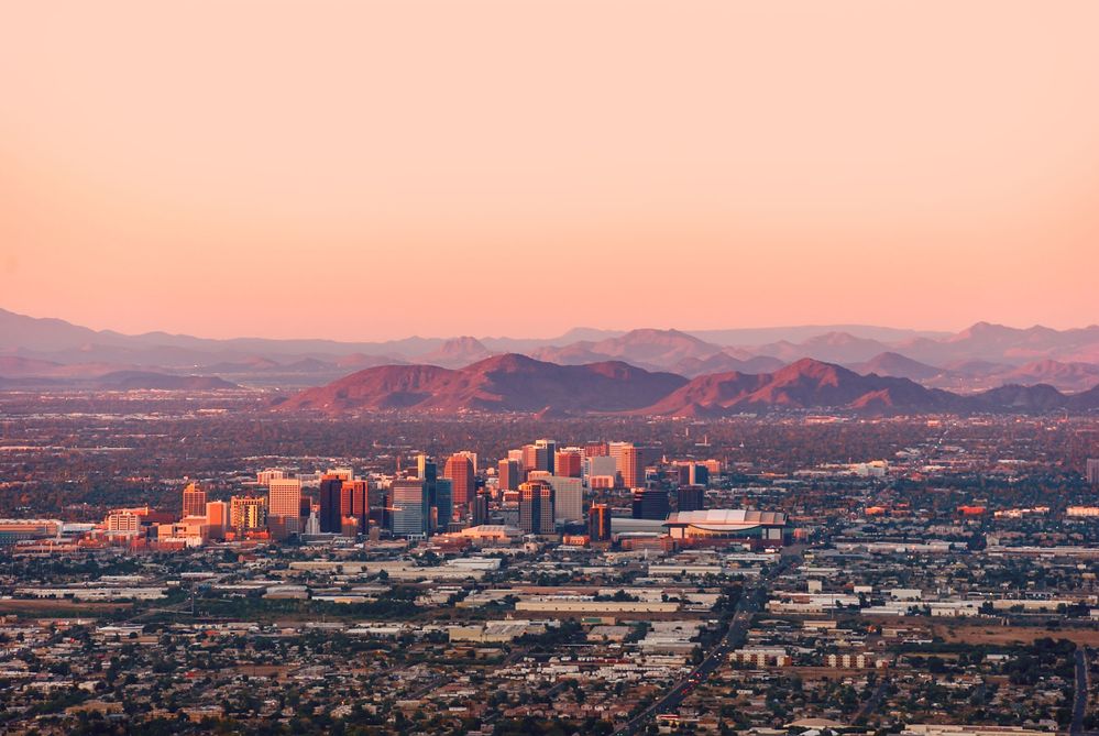 Overview of Phoenix with the iconic Camelback Mountain in the background.